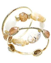 Shift into neutral. Alfani's trendy bangle bracelet set blends effortlessly with any look with a beige color palette of acrylic, quartz and dyed howlite beads. Three bangle set crafted in gold-plated mixed metal. Approximate diameter: 2-1/2 inches. Shift into neutral. Alfani's trendy bangle bracelet set blends effortlessly with any look with a beige color palette of acrylic, quartz and dyed howlite beads. Three bangle set crafted in gold-plated mixed metal. Approximate diameter: 2-1/2 inches.