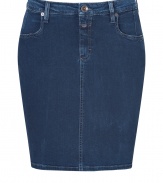 With its cool denim and casual styling, Closeds jean pencil skirt is both flattering and easy-to-wear - Four pocket style, zip fly, button closure, belt loops, kick pleat - Form-fitting - Wear with a chunky knit pullover, flats and a leather carryall tote