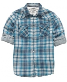 Perennially plaid. This shirt from Guess will be a favorite year-round. Perennially plaid. This shirt from Guess will be a favorite year-round.