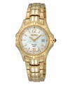 A drop of golden sun, by Seiko. Crafted of gold-tone stainless steel bracelet and round case. Mother-of-pearl dial features gold-tone applied stick indices at markers, numerals at twelve and six o'clock, date window at three o'clock and gold-tone logo at twelve o'clock. Quartz movement. Water resistant to 100 meters. Three-year warranty.