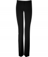 Ultra-luxe trousers in fine, black viscose blend - Modern silhouette features long and narrow legs with a slight flare - Figure-flattering stretch, pleats and two back slit pockets - High seat, flat front with zipper - Incredibly versatile and essential for the office and nights out - Pair with a silk blouse, colorful cashmere cardigan and leg-lengthening heels