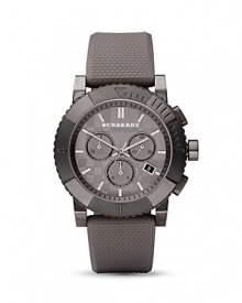 The trench rubber strap and triple chronograph sunray dial deem this sporty Burberry watch a classic in the making The trench rubber strap and triple chronograph sunray dial deem this sporty Burberry watch a classic in the making