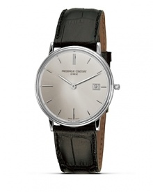 The Slim Line Collection is a series of ultra flat watches, which are based on quartz movements with a thickness of just 1.90 mm. Dials are plain or finished with a guilloché pattern produced by a complex engraving procedure. Precision tooling, with tolerances as low as 1/1000 of a millimeter, have been developed for each pattern and dial design. Quartz calibre: hours, Minutes date. Made in Geneva, Switzerland. The Slim Line Collection is a series of ultra flat watches, which are based on quartz movements with a thickness of just 1.90 mm. Dials are plain or finished with a guilloché pattern produced by a complex engraving procedure. Precision tooling, with tolerances as low as 1/1000 of a millimeter, have been developed for each pattern and dial design. Quartz calibre: hours, Minutes date. Made in Geneva, Switzerland.