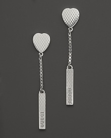 Sterling silver heart earrings with delicate logo-tag drop. From Gucci. Sterling silver heart earrings with delicate logo-tag drop. From Gucci.