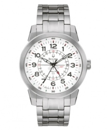 Reliable performance and remarkable design, by Bulova. Watch features titanium bracelet and round case. White dial with luminous hands, date window, logo and numerals and stick indices at markers. Quartz movement. Water resistant to 100 meters. Three-year limited warranty. Reliable performance and remarkable design, by Bulova. Watch features titanium bracelet and round case. White dial with luminous hands, date window, logo and numerals and stick indices at markers. Quartz movement. Water resistant to 100 meters. Three-year limited warranty.