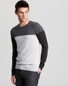 This handsome sweater modifies the color-block trend with a subdued palette for a modern classic.