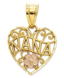 Perfect for your favorite grandma, or Nana. This lovely scrolling heart charm features a 14k gold setting with a 14k rose gold flower accent. Chain not included. Approximate length: 8/10 inch. Approximate width: 6/10 inch. Perfect for your favorite grandma, or Nana. This lovely scrolling heart charm features a 14k gold setting with a 14k rose gold flower accent. Chain not included. Approximate length: 8/10 inch. Approximate width: 6/10 inch.