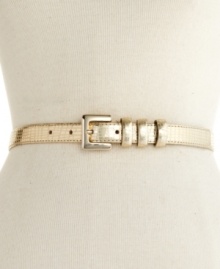 Sink your teeth into this skinny belt from Nine West. Finished with a metallic, faux-lizard look for added exoticism. Sink your teeth into this skinny belt from Nine West. Finished with a metallic, faux-lizard look for added exoticism.