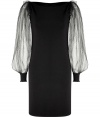 Ethereal meets classically chic with this tulle sleeve knit cocktail dress from Azzaro - Bateau neckline, tulle balloon sleeves with ribbed cuffs, figure-hugging fit - Wear with statement heels and a studded clutch