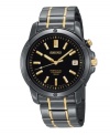 Pass the time with refined elegance. This Seiko watch features an ion-plated black and goldtone stainless steel bracelet and round case, 39mm. Black dial with goldtone stick indices, perpetual calendar, logo and date window. Quartz movement. Water resistant to 100 meters. Three-year limited warranty.