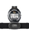 The ultimate training tool, by Timex. The Iron Man Global Trainer watch with heart rate monitor features a black resin case and strap. Digital display dial measures pace, speed, and distance in real-time, allowing athletes to measure, review and advance their performance. Quartz movement. Water resistant to 50 meters. One-year limited warranty.