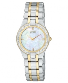 Classic design elements lend refinement to this glittering watch by Citizen. Classic design elements lend refinement to this glittering watch by Citizen.