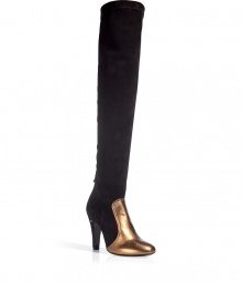 Luxurious boots made of fine, black stretch suede and gold leather - Trendy color block look - Sexy, elegant and stylish, you will wear these boots forever - A modern basic, with a high but comfortable heel - Rounded toe - Cut extremely high, the shaft ends above the knee - Brilliant styling: with tucked in jeans, a pencil skirt, a leather dress Luxurious boots made of fine, black stretch suede and gold leather - Trendy color block look - Sexy, elegant and stylish, you will wear these boots forever - A modern basic, with a high but comfortable heel - Rounded toe - Cut extremely high, the shaft ends above the knee - Brilliant styling: with tucked in jeans, a pencil skirt, a leather dress