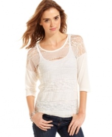 A bodice of filmy lace gives this three-quarter sleeve top the all of the feminine style you adore! From Eyeshadow. A bodice of filmy lace gives this three-quarter sleeve top the all of the feminine style you adore! From Eyeshadow.