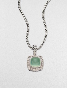 From the Petite Albion Collection. An exquisite design with dazzling pavé diamonds surrounding an aqua chalcedony stone center set in sterling silver on a box link chain. Aqua chalcedonyDiamonds, .2 tcwSterling silverLength, about 17Pendant size, about ¼Lobster clasp closureImported 