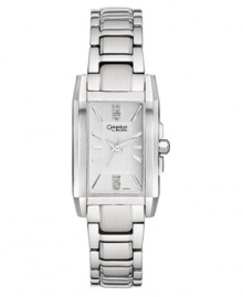 This Caravelle by Bulova watch captures elegance and style. Stainless steel bracelet and rectangular case. Silvertone dial with stick indices, logo, sweeping second hand and round-cut diamond accents at six o'clock and twelve o'clock. Quartz movement. Water resistant to 30 meters. Two-year limited warranty. This Caravelle by Bulova watch captures elegance and style. Stainless steel bracelet and rectangular case. Silvertone dial with stick indices, logo, sweeping second hand and round-cut diamond accents at six o'clock and twelve o'clock. Quartz movement. Water resistant to 30 meters. Two-year limited warranty.