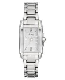 This Caravelle by Bulova watch captures elegance and style. Stainless steel bracelet and rectangular case. Silvertone dial with stick indices, logo, sweeping second hand and round-cut diamond accents at six o'clock and twelve o'clock. Quartz movement. Water resistant to 30 meters. Two-year limited warranty.