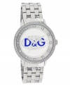 The bold and the beautiful. Watch by D&G crafted of stainless steel bracelet and round case. Bezel embellished with crystal accents. Silver tone dial features crystal accents at markers, minute track, three silver tone hands and large blue logo among cluster of crystal accents at center. Quartz movement. Water resistant to 30 meters. Two-year limited warranty.