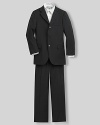 Three button suit. Breast welt pocket, center vent and lapel buttonhole. Three button sleeves. Besom and flap pockets. Fully lined. Trouser have a flat front with regular waistband, belt loops, seam pockets and unfinished hems.