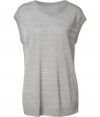 Luxe top in fine, pearl grey viscose blend - Soft, densely woven knit has an ultra-chic, mesh-like appearance - Semi-sheer, with delicate stripe motif - Wide half sleeves and round neck - Straight, relaxed silhouette - Polished and versatile, ideal for pairing with leather pants, skinny jeans or dressy shorts