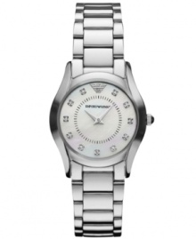 Steal a little style from the men: This classically designed watch from Emporio Armani has been upgraded with sparkling diamond accents. Steal a little style from the men: This classically designed watch from Emporio Armani has been upgraded with sparkling diamond accents.