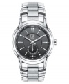 Subtle textures and contrasting brushed and polished stainless steel add understated style to this fine watch from ESQ by Movado. Silvertone stainless steel bracelet and round case. Round textured black dial with subdial, logo and stick indices. Quartz movement. Water resistant to 30 meters. Two-year limited warranty. Style #7301327