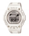 Grab your board and hit the waves with this BLX series Baby-G watch. White resin strap and round case. Shock-resistant silver tone dial with positive digital display features tide graph, EL backlight, world time, multiple alarms, stopwatch, countdown timer, 12/24 hour formats and mute function. Digital movement. Water resistant to 200 meters. One-year limited warranty.