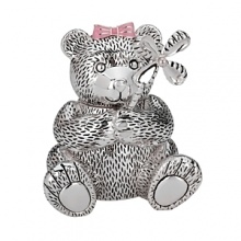 This little pink-ribboned bear holds a pinwheel that actually spins. This adorable bank from Reed & Barton is a great way to start giving saving a whirl. This little pink-ribboned bear holds a pinwheel that actually spins. This adorable bank from Reed & Barton is a great way to start giving saving a whirl.