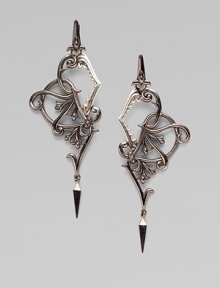 From the Les Dents De La Mere Collection. An ornate filigree design, complete with shark teeth, artfully articulated in blackened sterling silver.Black rhodium plated sterling silver Drop, about 3 Hinged clasp with 14K post Imported