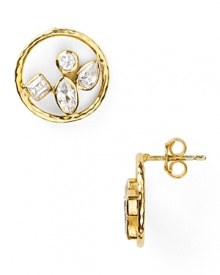 Set with a cluster of cubic zirconia stones, Melinda Maria's dazzling 14-karat gold hoops are an exquisite set that are designed to be shown off. Set with a cluster of cubic zirconia stones, Melinda Maria's dazzling 14-karat gold hoops are an exquisite set that are designed to be shown off.