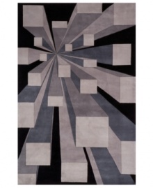 The next dimension. Gray cubes sprout from a single point atop an inky black ground, projecting outwards to create a dramatic three-dimensional design. Hand-tufted by expert artisans using a special blend of high-quality wools for a blissfully soft hand and superior shine. The next dimension. Gray cubes sprout from a single point atop an inky black ground, projecting outwards to create a dramatic three-dimensional design. Hand-tufted by expert artisans using a special blend of high-quality wools for a blissfully soft hand and superior shine.
