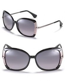 Butterfly frame sunglasses with metal trim at sides for a stylish and fun look. Butterfly frame sunglasses with metal trim at sides for a stylish and fun look.