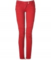 Rock n roll style goes ultra-luxe with these of-the-moment bright red skinny jeans from Balmain - Snap tab closure, belt loops, quilted panels at top, sides, knees, and back pockets, multiple side zip pockets, inside ankle zips - Skinny fit, biker-style - Wear with an oversized top, a cropped blazer, and platform heels