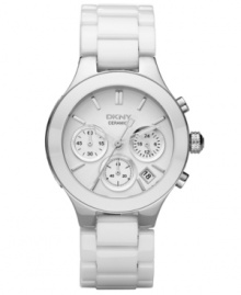 A simply luminous watch by DKNY. White ceramic bracelet and round stainless steel case. White dial with silvertone stick indices, logo, date window and three subdials. Quartz movement. Water resistant to 50 meters. Two-year limited warranty. A simply luminous watch by DKNY. White ceramic bracelet and round stainless steel case. White dial with silvertone stick indices, logo, date window and three subdials. Quartz movement. Water resistant to 50 meters. Two-year limited warranty.