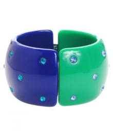 Color blocking is a trend you'll want to get in on. Haskell's chic style combines a bright blue and green design with sparkling blue crystals. Crafted in acrylic with an enamel overlay and a mixed metal hinge closure. Approximate diameter: 2-1/2 inches. Color blocking is a trend you'll want to get in on. Haskell's chic style combines a bright blue and green design with sparkling blue crystals. Crafted in acrylic with an enamel overlay and a mixed metal hinge closure. Approximate diameter: 2-1/2 inches.