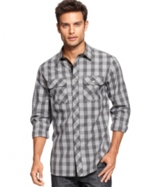 Buffalo checks get the street treatment in this long-sleeved sport shirt from Marc Ecko Cut & Sew.