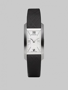 A classic rectangular design with subtle, tonal check details.Swiss quartz movement Water resistant to 3 ATM Stainless steel rectangular case, 20mm x 26mm, (.78 x 1.02) Silver sunray dial Roman numeral and index hour markers Check embossed strap, 14mm, (0.55) Deployment buckle Made in Switzerland A classic rectangular design with subtle, tonal check details.Swiss quartz movement Water resistant to 3 ATM Stainless steel rectangular case, 20mm x 26mm, (.78 x 1.02) Silver sunray dial Roman numeral and index hour markers Check embossed strap, 14mm, (0.55) Deployment buckle Made in Switzerland