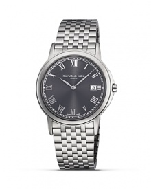 For a sophisticated look that is steeped in tradition, Raymond Weil offers this handsome stainless steel watch, with an easy-to-read, gray Roman numeral dial, date display and hinged stainless steel band. For a sophisticated look that is steeped in tradition, Raymond Weil offers this handsome stainless steel watch, with an easy-to-read, gray Roman numeral dial, date display and hinged stainless steel band.