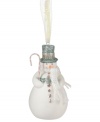 Crafted of pure porcelain bisque, bring some winter cheer to your tree this season with the snowman ornament from Department 56. Features a blue and silver top hat, white knit scarf and festive candy cane accessory.