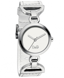 Simply stunning design by D&G. Contemporary watch crafted of white leather strap connects to round stainless steel case with D-shaped links. Silver tone dial features three hands and logo. Quartz movement. Water resistant to 30 meters. Two-year limited warranty. Simply stunning design by D&G. Contemporary watch crafted of white leather strap connects to round stainless steel case with D-shaped links. Silver tone dial features three hands and logo. Quartz movement. Water resistant to 30 meters. Two-year limited warranty.