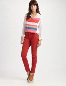 Bold stripes in resort-ready shades elevate the soft button-up of solid silk.Point collar Hidden button front placket Button cuffs Shirttail hem About 27 shoulder to hem Silk Dry clean Imported Bold stripes in resort-ready shades elevate the soft button-up of solid silk.Point collar Hidden button front placket Button cuffs Shirttail hem About 27 shoulder to hem Silk Dry clean Imported