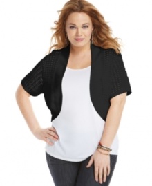 Top off your sleeveless looks with Extra Touch's short sleeve plus size cardigan, featuring a cropped design. Top off your sleeveless looks with Extra Touch's short sleeve plus size cardigan, featuring a cropped design.