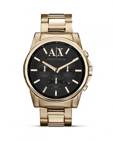 Armani Exchange crafts a classically styled statement with this plated metal watch. Crafted of stainless steel, it flaunts bold style with an eye-catching three eye chronograph. Armani Exchange crafts a classically styled statement with this plated metal watch. Crafted of stainless steel, it flaunts bold style with an eye-catching three eye chronograph.