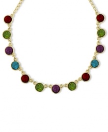A cool drink of color. 2028's strand necklace incorporates colorful czech stones set in circular pendants. Crafted in gold tone mixed metal. Approximate length: 16 inches + 3-inch extender. A cool drink of color. 2028's strand necklace incorporates colorful czech stones set in circular pendants. Crafted in gold tone mixed metal. Approximate length: 16 inches + 3-inch extender.