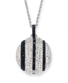 A study in contrasts. A black and white color combination is consistently chic, and Swarovski's spherical pendant necklace is no exception. Featuring jet and clear crystals in a Pointiage setting, it's crafted in silver tone mixed metal. Approximate length: 27-1/2 inches. Approximate drop: 1 inch. A study in contrasts. A black and white color combination is consistently chic, and Swarovski's spherical pendant necklace is no exception. Featuring jet and clear crystals in a Pointiage setting, it's crafted in silver tone mixed metal. Approximate length: 27-1/2 inches. Approximate drop: 1 inch.