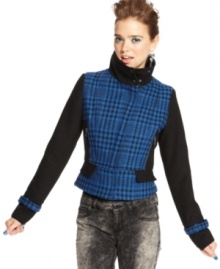Heat things up in Material Girl's houndstooth-print jacket! Wool-blend fabric and a funnel collar ward off the chill in chic style. Heat things up in Material Girl's houndstooth-print jacket! Wool-blend fabric and a funnel collar ward off the chill in chic style.