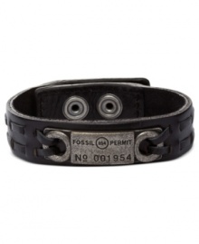 Make a fierce fashion statement with this black leather bracelet from Fossil. Silver-tone mixed metal details enhance the appeal. Adjusts to fit wrist. Approximate length: 7-7-3/4 inches. Make a fierce fashion statement with this black leather bracelet from Fossil. Silver-tone mixed metal details enhance the appeal. Adjusts to fit wrist. Approximate length: 7-7-3/4 inches.