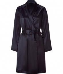 Inject instant luxe into your lounge look with this essential black silk robe from La Perla - Notched lapels, V-neck, wrap front with waist tie belt, long sleeves - Pair perfectly with a cami, panties, and fluffy slippers for boudoir chic