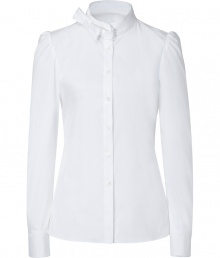 Inject romantic style into your workweek style with this chic blouse from Valentino R.E.D - Stand collar with bow detail, long puff sleeves, front button placket, fitted silhouette - Style with a pencil skirt, a blazer, and heels Inject romantic style into your workweek style with this chic blouse from Valentino R.E.D - Stand collar with bow detail, long puff sleeves, front button placket, fitted silhouette - Style with a pencil skirt, a blazer, and heels