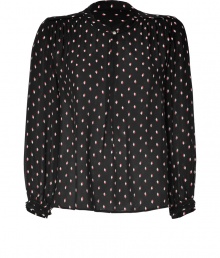 Channel retro-chic style in this ultra feminine printed silk blouse from Juicy Couture - Stand collar, front keyhole opening with crystal button, long sleeves with gathering at cuffs, shirring at shoulders, relaxed silhouette, all-over print - Style with skinny jeans, slim trousers, or a mini skirt Channel retro-chic style in this ultra feminine printed silk blouse from Juicy Couture - Stand collar, front keyhole opening with crystal button, long sleeves with gathering at cuffs, shirring at shoulders, relaxed silhouette, all-over print - Style with skinny jeans, slim trousers, or a mini skirt